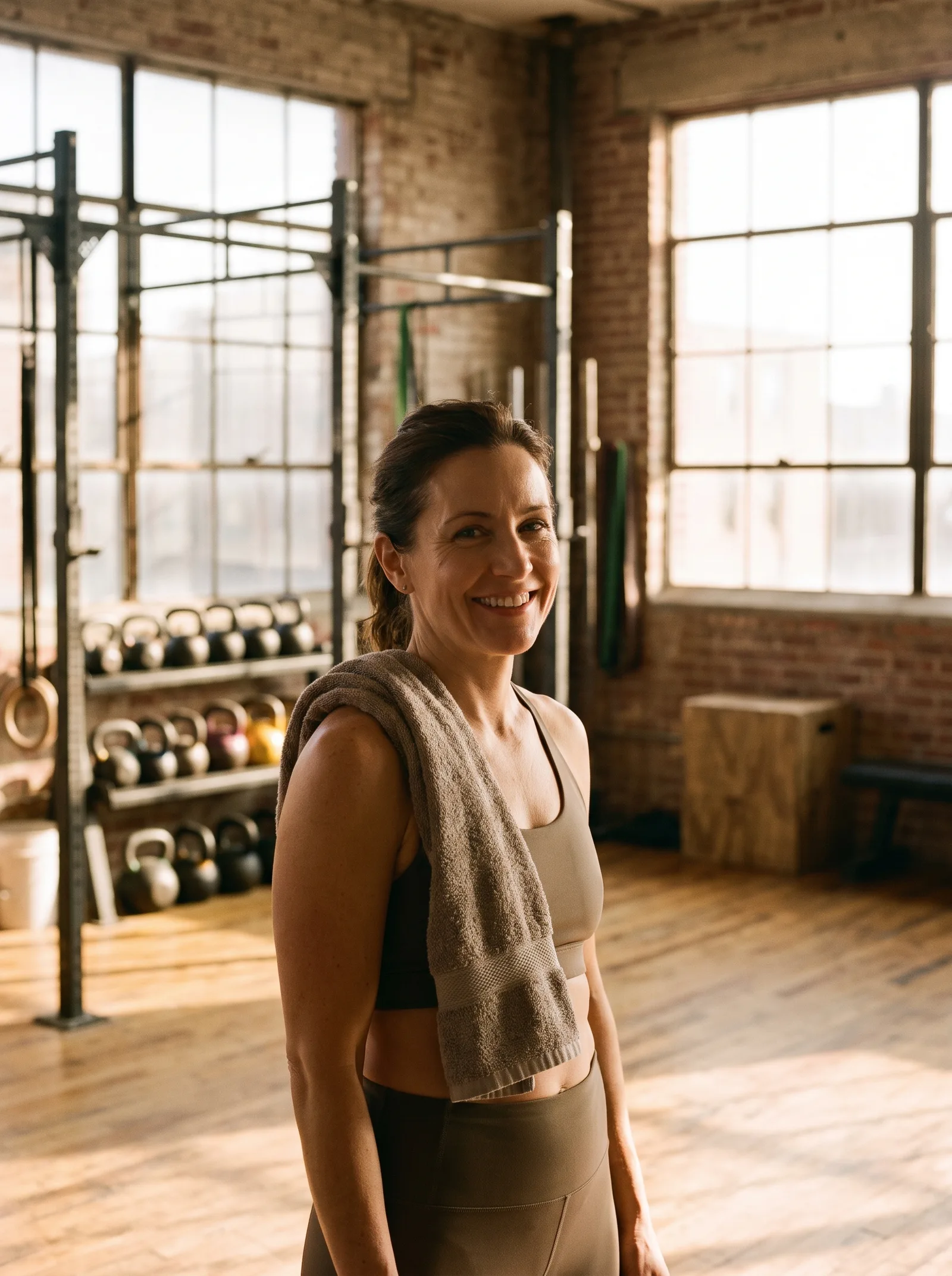 A boutique fitness studio owner standing in her gym in morning light