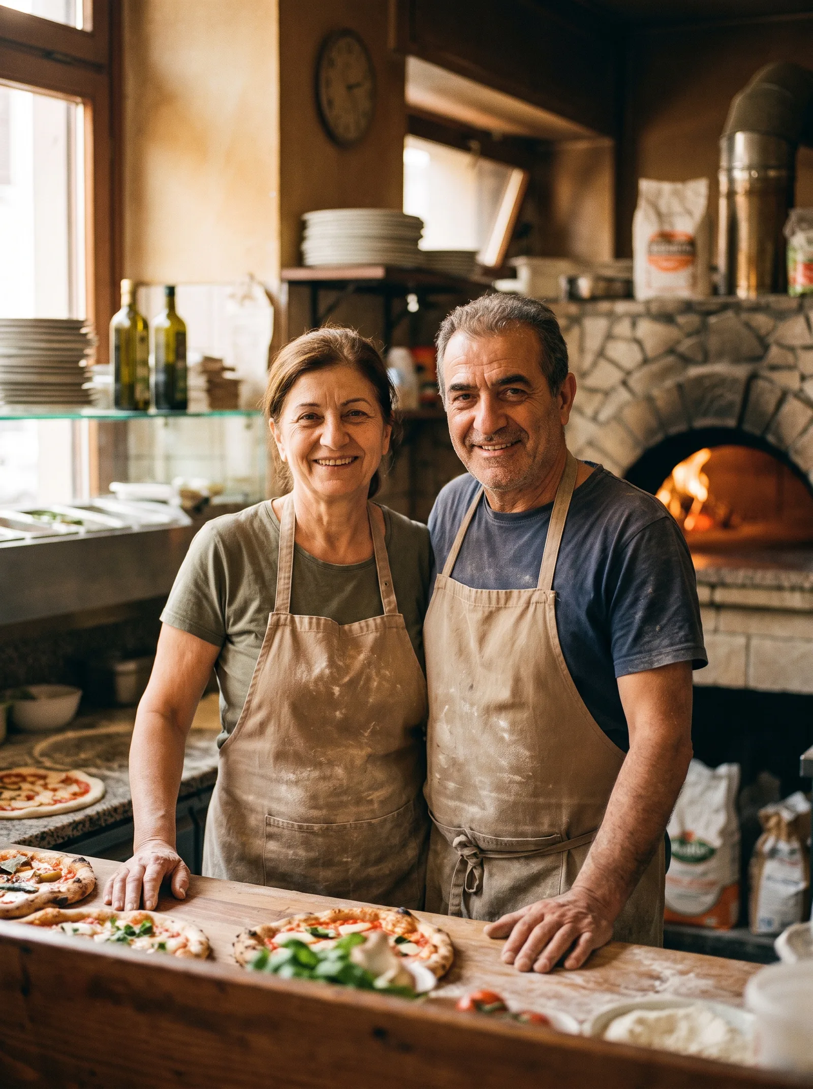 A pizzeria owner couple behind their counter, wood-fired oven glowing behind